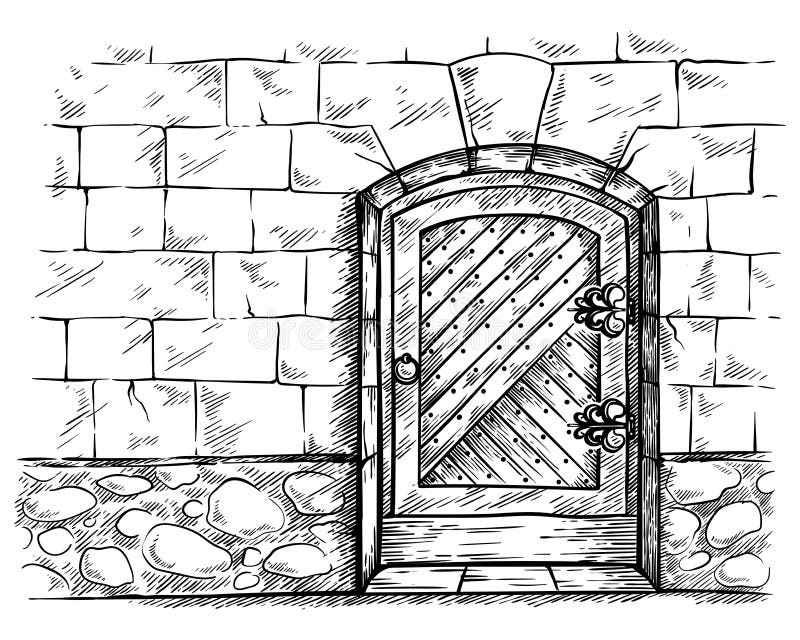 Sketch hand drawn old arched wooden door in stone wall vector illustration. Sketch hand drawn old arched wooden door in stone wall vector illustration